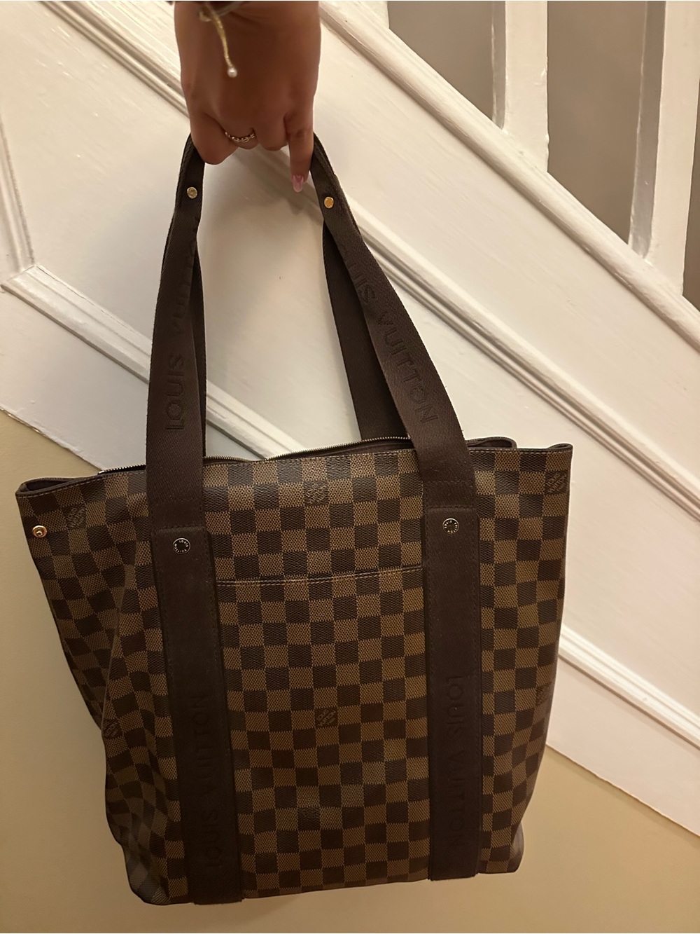 LV Checkered Tote Bag with Dark Brown Straps